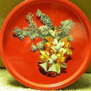 1950s Vintage red metal serving tray – Christmas bells